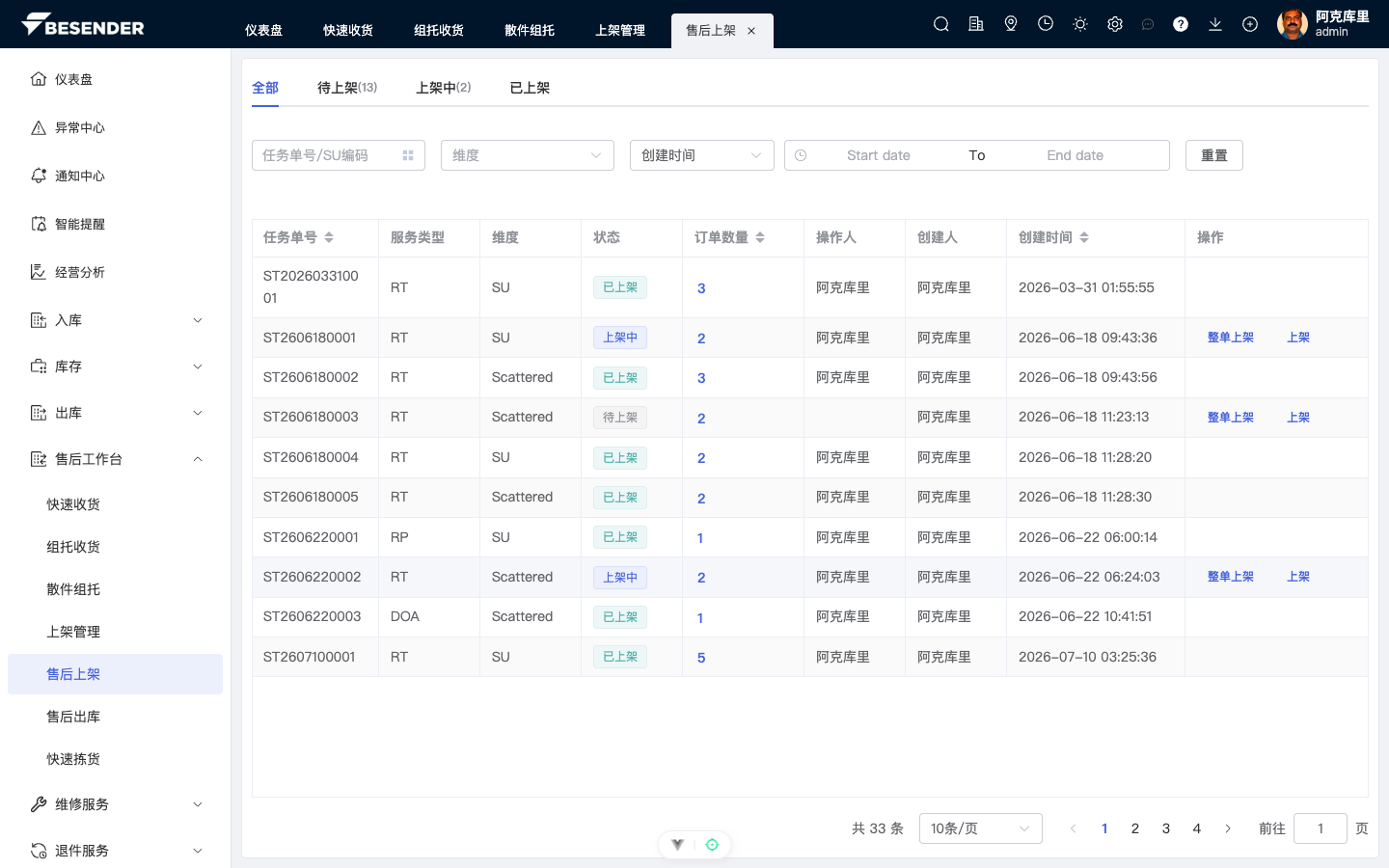 售后上架任务列表